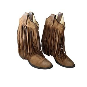 Old West Girls Fringe Western Boots - Tan Suede - Double Fringe - Size 6